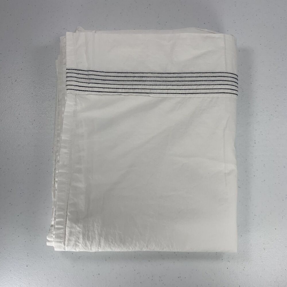 West Elm Queen Flat Sheet 100% Organic Cotton White Black Stitching 96 X 105
